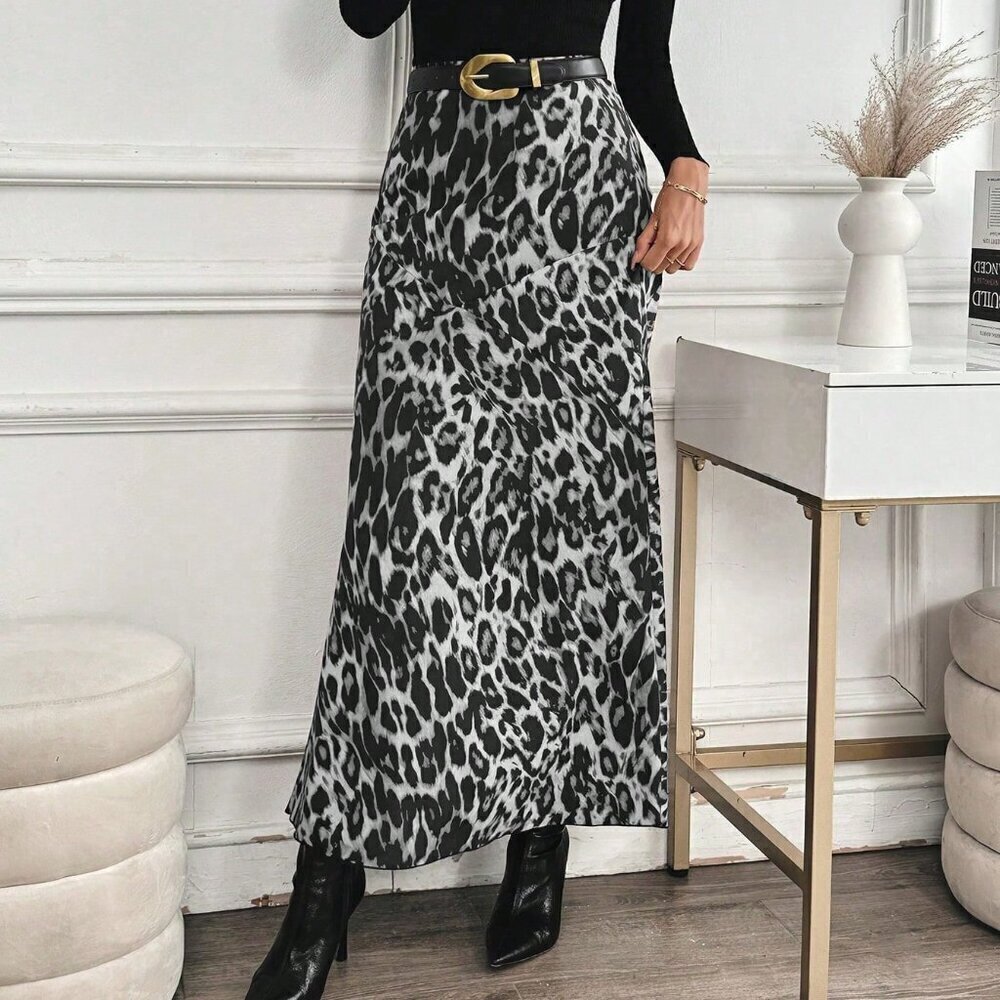 Multicolor Elegant Women's High Waist Leopard Print Maxi Length Skirt